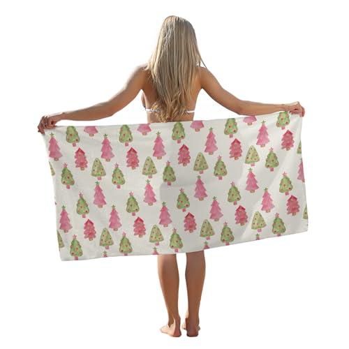 Tzhim Preppy Christmas Sand Towel, Pink and Green Tree Pool Towels, Large Bath Towels Gifts for Women & Girls, Beach & Bathroom Decor, 29x60in