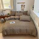 PinkMemory Brown Gingham Duvet Cover Bedding Set Queen 100% Washed Cotton Beige Plaid Checkered Duvet Cover Full 3pcs Vintage Coffee Grid Gingham Bedding with Zipper Closure Ultra Soft Breathable