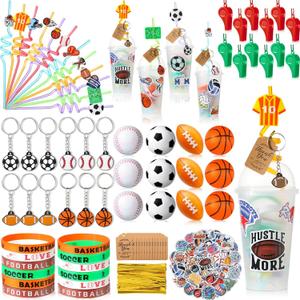 Weysat 184 Pcs Sport Party Favors Party Goodie Bag Fillers Cup Straw Stress Ball Keychain Sticker Wristband Whistle Thank You Tags for Birthday Decorations (Sports Style)