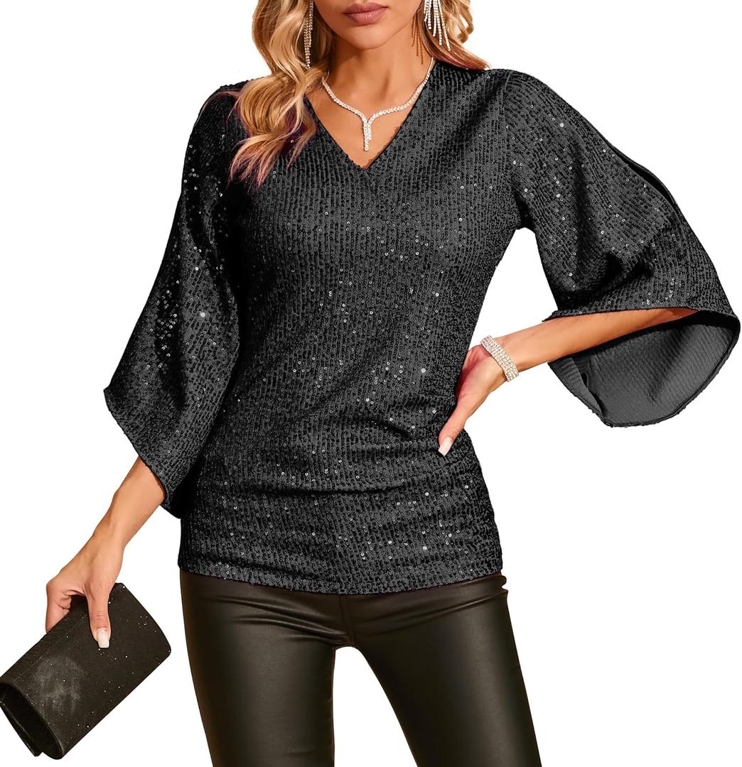 Womens Sequin Top 3/4 Sleeve Sparkly Shirt Glitter V-Neck Dressy Blouse for Evening Party Night (Extra Large, Black)