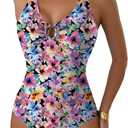 Aleumdr Tummy Control One Piece Bathing Suit for Women V Neck Tie Front Cutout Swimsuit High Cut Slimming Swimwear (Medium, Floral Purple)