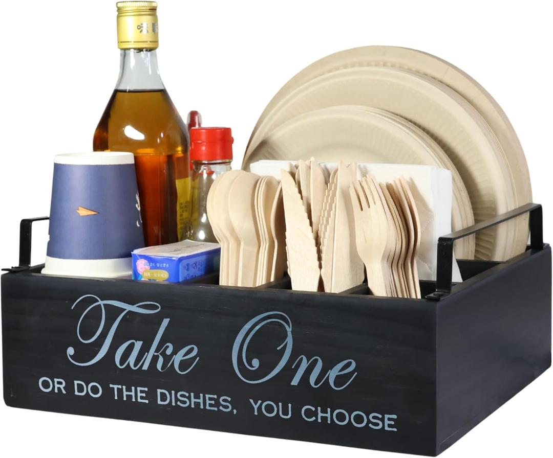 Paper Plate Holder Utensil Caddy Organizer - Rustic Wood Disposable Plate Dispenser with Handles for Cups, Forks, Spoons, Napkins and Silverware Holders (handle paper plate holder)