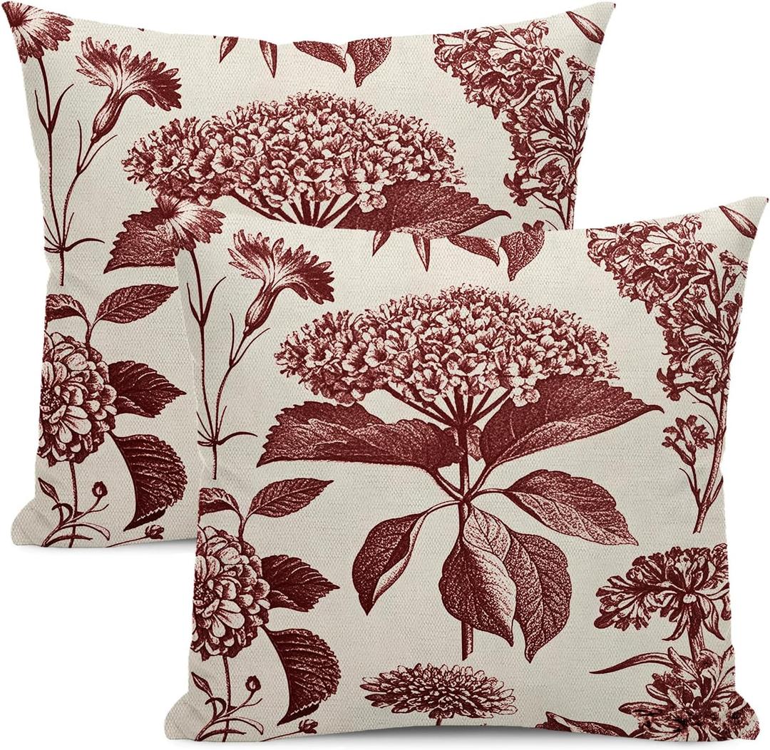 Floral Pillow Covers 18x18 Set of 2 Vintage Burgundy Red Hydrangea Herb Botanical Throw Pillow Cover Outdoor Decoration Boho Flower Pillowcase Farmhouse Decorative Cushion Case for Sofa Couch