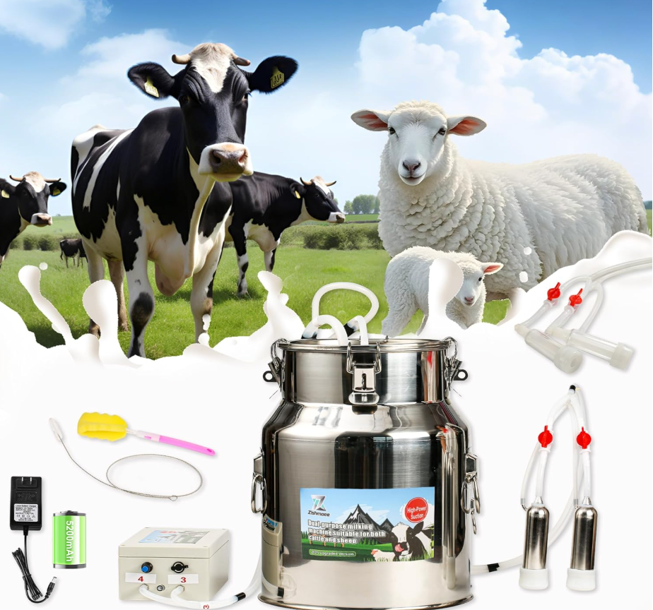 Upgrade 2-in-1 Goats and Cows Milking Machine, 3.7Gal/14L Food-Grade Stainless Steel Bucket with 5200mAh Built-in Rechargeable Battery, 4 Teat Cups, Cordless Pulsation Vaccum Electric Milking Machine
