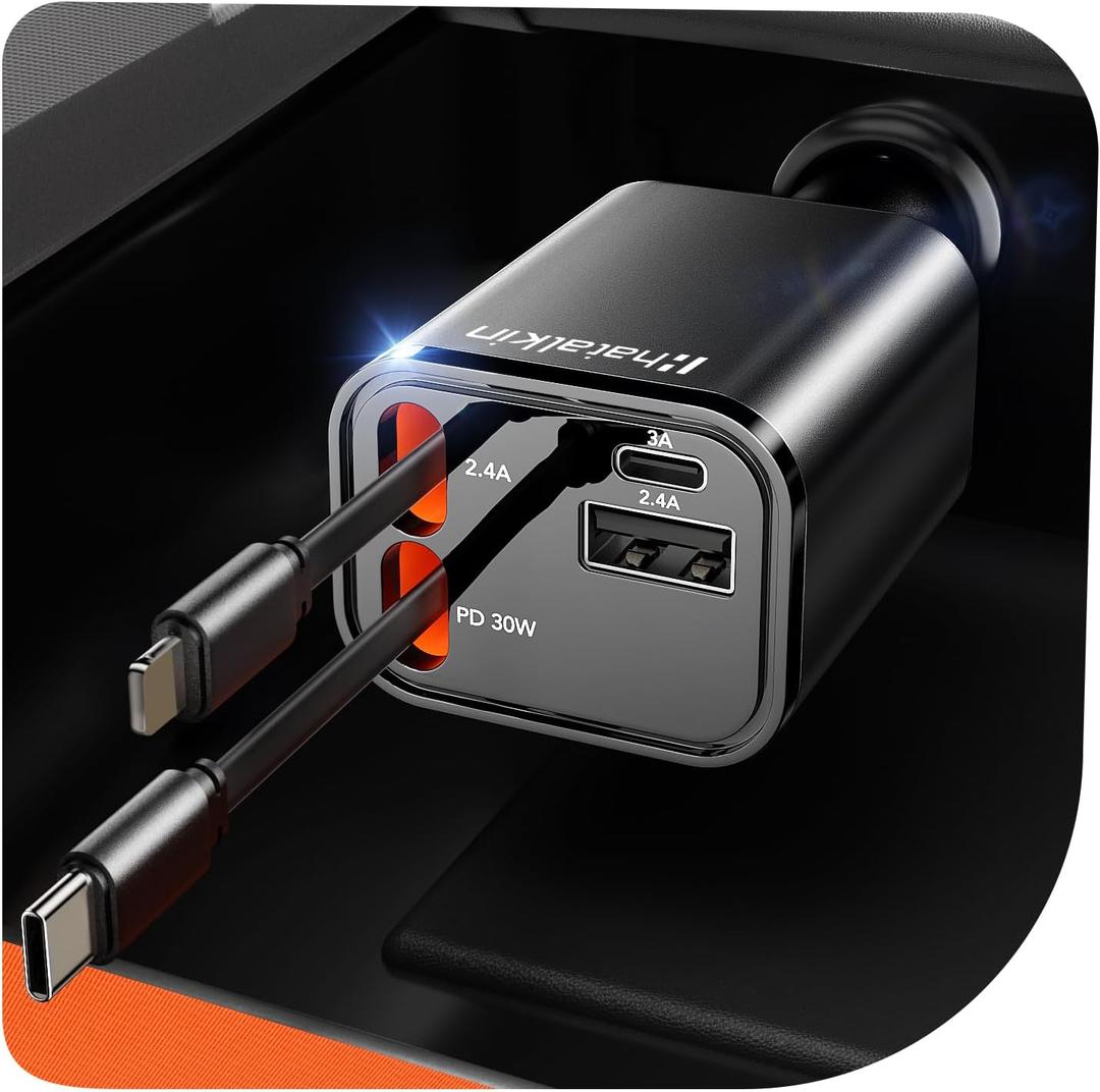 Retractable Car Charger 4-in-1,69W Compact Car Accessories Compatible with iPhone 17 Fast Charging,Car Accessories,Car Charger Adapter for iPhone 17/16/15/14/Galaxy (Cord for apple+Type C, Black)