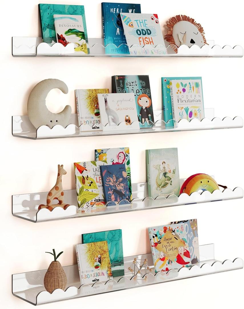 G&W Gruwald 4 Pack Clear 23 Inches Acrylic Book Shelf for Kids Room, Floating Kids Book Shelves for Wall, Nursery Book Shelves, Magazine Rack, Picture Ledge (Clear, 23)