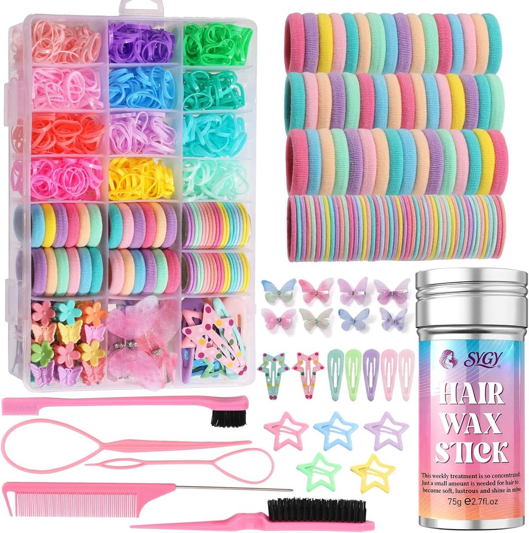 Hair Accessories for Girls, 1350P Colorful Hair Ties with 44P Hair Clips, Glitter Butterfly Hair Clips, Hair Wax Stick, Butterfly Hair Claws, Hair Barrettes with Comb Set&Organizer Box, Ideal Gifts
