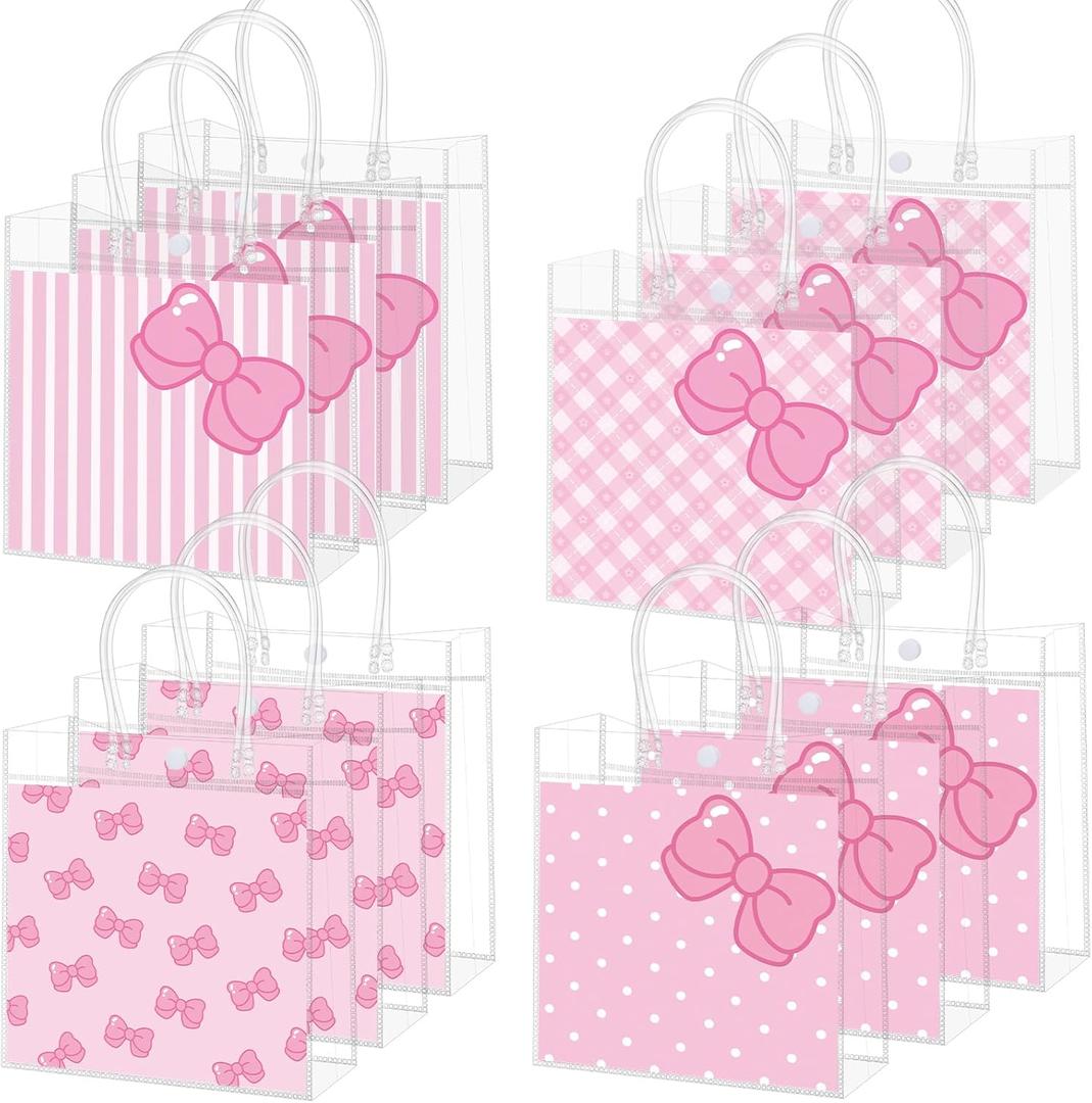 SmoothNovelty 24 Pcs Pink Cat Party Favor Bag Pink Bow Kitty Clear PVC Gift Bags with Handle Cute Kitten Cartoon Reusable Treat Tote for Women Kitty Party Wedding Birthday Baby Shower Supplies