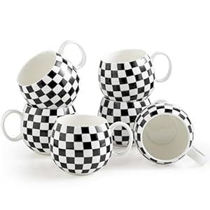 LAUCHUH Coffee Mug Set of 6, 18 oz Large Porcelain Coffee Mugs Checkered Coffee Cups with Handle Cappuccino Cups for Mother's Day, Tea, Cocoa, Milk, Latte, Mocha, Black and White