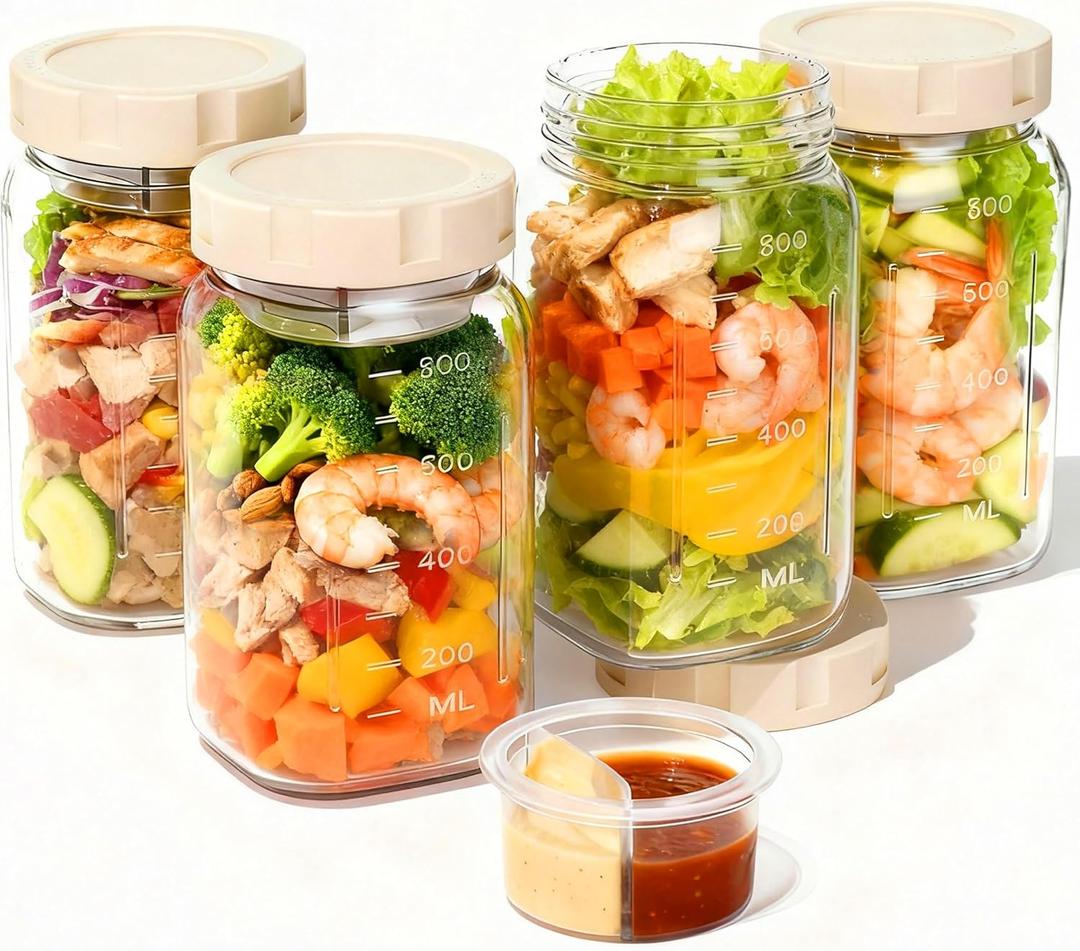Glass Salad Jars with Lids, Salads Mason Jars with Dressing Cup, Portable Salad Pod Jar, Leakproof Salads Jar Container for Lunch, Meal Prep Containers, Keep Food Fresh & Crisp, BPA Free, 32oz 4Pack