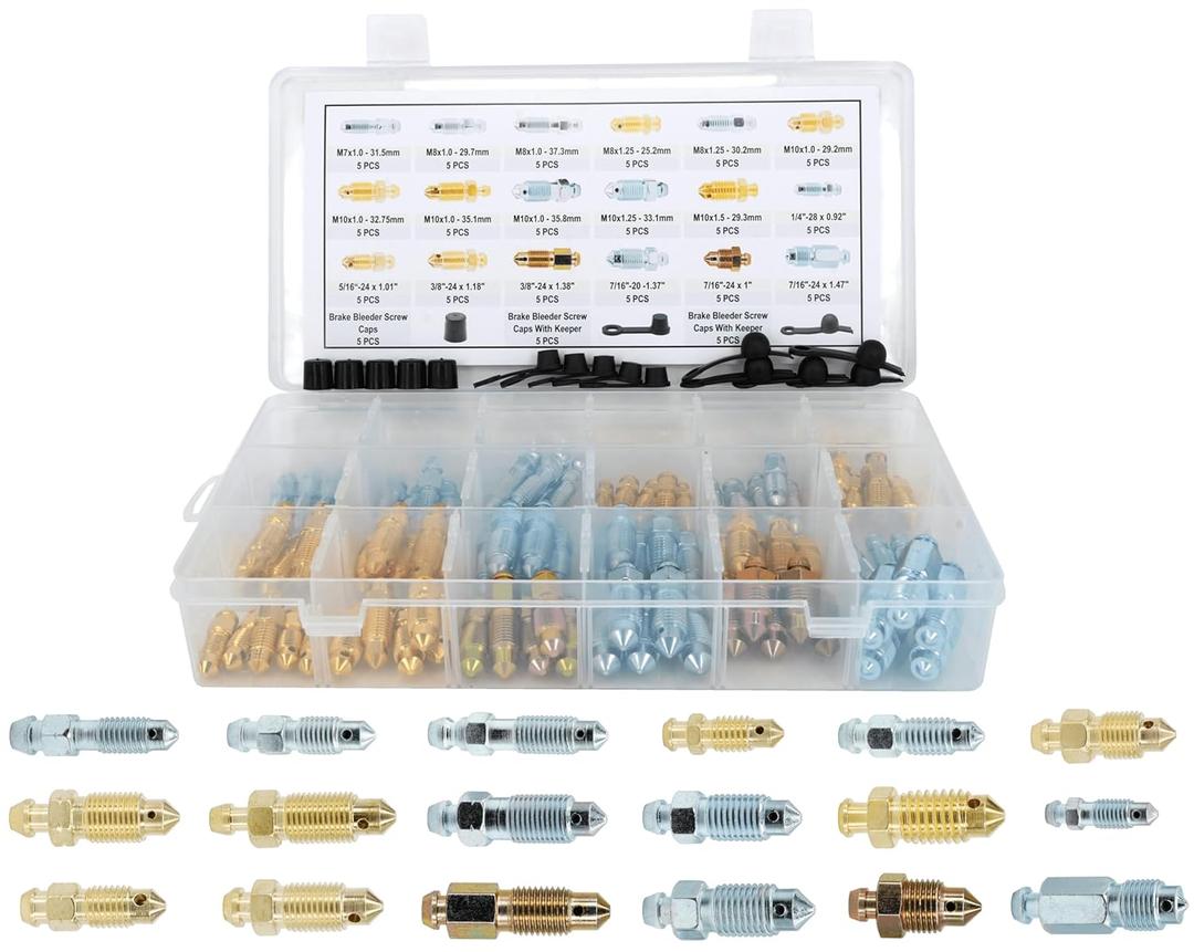 90 PCS 18 Types Brake Caliper & Wheel Cylinder Bleeder Screw Brake Valve Screw Assortment with 15pcs Dust Caps, Standard SAE & Metric Bleeding Screws Bleed Kit Replace 30300
