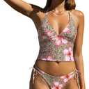 Two Pieces Tankini Swimsuits for Women V Neck Jacquard Floral Leopard Print Halter Tankini Swimwear 2026 XL