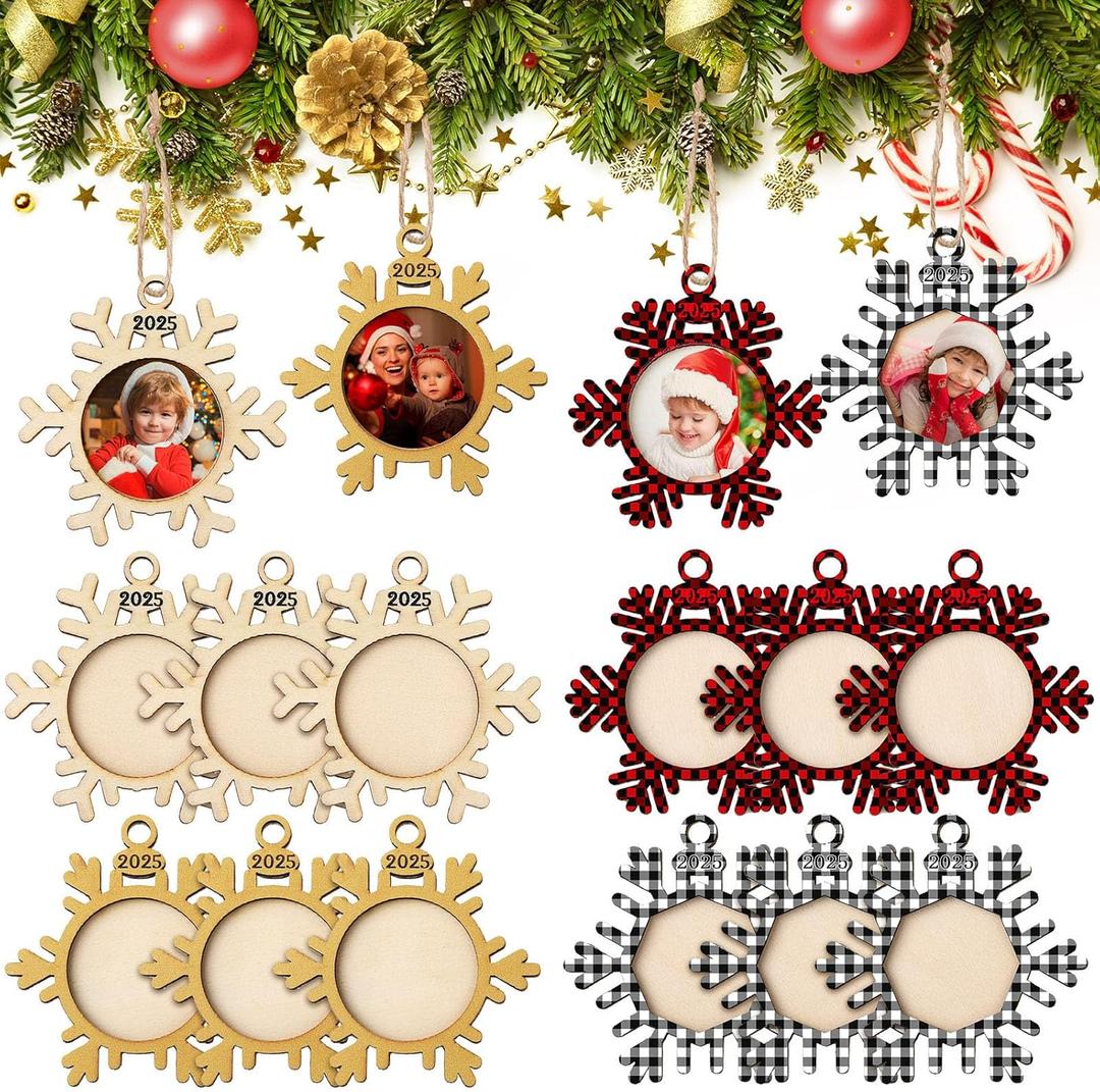 12 pcs Christmas Photo Frame Ornaments Wooden Snowflake Picture Hanging Christmas Tree Decoration DIY Xmas Buffalo Plaid Photo Frame Keepsakes for Xmas Party Anniversary Decorations Winter