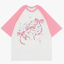 Harajuku Kawaii Clothes Casual Soft Crewneck Raglan Sleeve Cute Cartoon Graphic Bunny with Bows Print T-Shirt, M