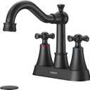 Hurran 4-inch Centerset Matte Black Classical Bathroom Faucet, 2 Handles for 2 or 3 Hole Sink with 360 Swivel Spout, Pop Up Drain Assembly and Supply Hose for Vanity Sink Lavatory Faucet