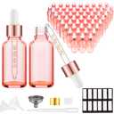 PrettyCare 2 oz Tincture Bottles with Dropper (63 Pack Rose Glass Eye Dropper Bottle 60 ml with Measured Pipettes, Golden Caps, Labels, Funnels & Plastic Pipettes) for Essential Oils