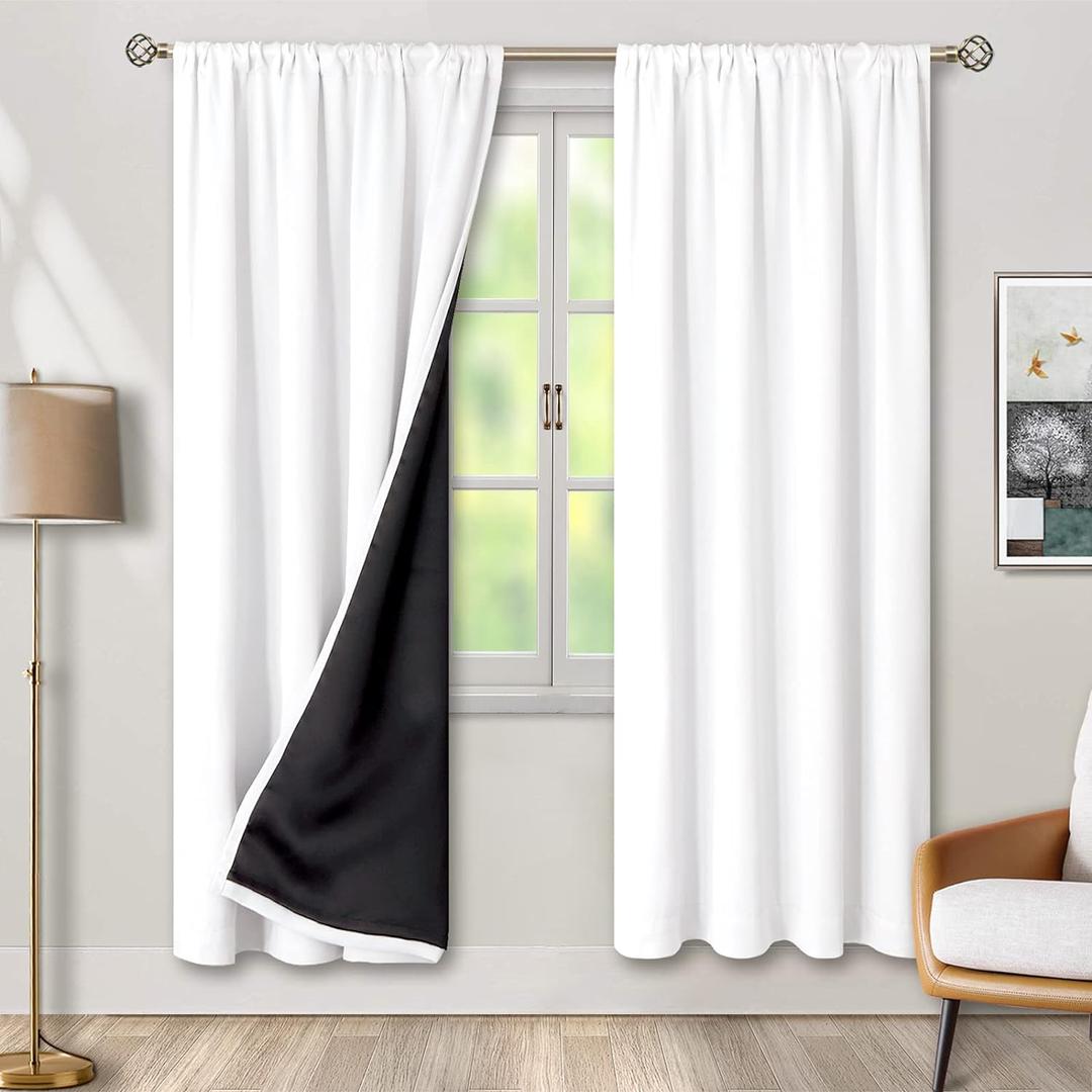 BGment 100% Blackout Curtains for Bedroom Window 90 Inches Long, Thermal Insulated with Liner Double Layer Full Black Out Bedroom Curtains with Rod Pocket, Each Window Curtains 2 Panels, 52 x 90 Inch (Pure White)
