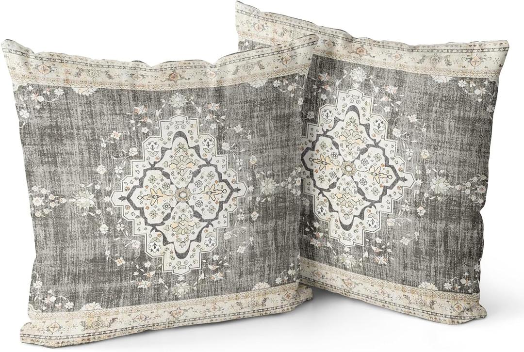 Snycler Boho Throw Pillow Covers 18x18 inch Set of 2 Bohemian Carpet Throw Pillows for Couch Beige&Grey Decorative Pillow Cases Farmhouse Home Decor for Sofa Porch Patio Bed Room Outdoor