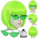 Lime Green Bob Wigs Colorful 3 Pcs Funny Wigs for Women Neon Green Costume Party Wig for St Patrick'S Day Short Neon Green Wig Cosplay Outfit Halloween Party +Sunglasses+Hair Cap