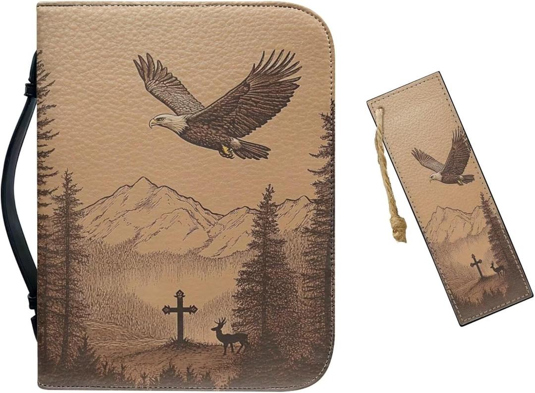 Bible Cover & PU Leather Bible Case - Bald Eagle Cross & Deer Design for Men & Boys Large (11.2"x8"x2.2") Great Gift for Christians Christmas Large Bible Cover Bible Case Size