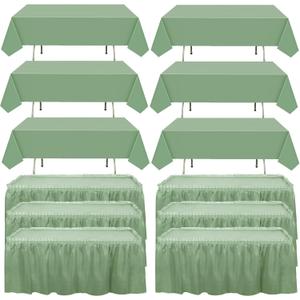 VitalCozy 12 Pcs Green Plastic Table Skirts and Anti Proof Table Cloths 54 x 108 Inch Rectangle Tablecloths 168 x 29 Inch Disposable Tableskirt for Baby Shower Wedding Birthday Christmas Party Decor
