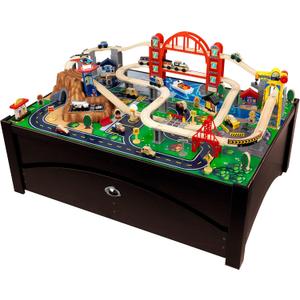KidKraft Metropolis Wooden Train Set & Table with 100 Pieces and Storage Drawer - Espresso