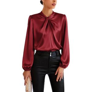 GRACE KARIN Women's Long Sleeve Satin Blouse,Mock Neck Work Silk Shirts,Dressy Tops for Business Casual Office (Medium, Wine Red)