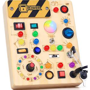 RichBoy Busy Board Toddler Toys Montessori Toys for 1-3 Year Old Boy Girl Birthday Gift for Grandkids, 37 in 1 LED Light Up Sensory Wooden Montessori Switch Board Toy - Learn and Travel (6.7" x 5.3")
