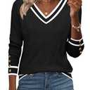 Zeagoo Womens Fall Sweaters Fashion 2025 V Neck Dressy Casual Shirt Lightweight Long Sleeve Work Blouse Ribbed Knitted Attire Black-White.S