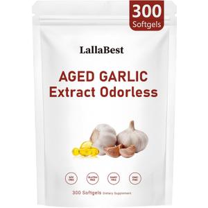 Aged Garlic Extract Capsules | Non-GMO, Gluten-Free | 300 Softgels Odorless Organic Garlic Supplement for Heart & Immune Support | 2 Years Aged Garlic Extract