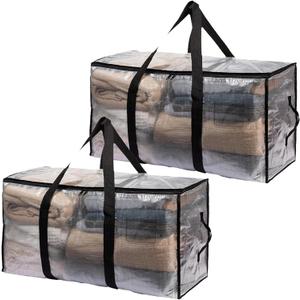 2-Packs Extra Large Heavy Duty Moving Bags, Waterproof Storage Totes with Handles & Zippers Storage Bags Totes for Clothes Packing, Dorms, College Supplies, Space Saving, Clear
