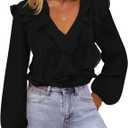 MEROKEETY Women's Fall Long Sleeve Ruffle Blouse Dressy Casual Top V Neck Trendy Business Work Shirts 2025, Black, Small