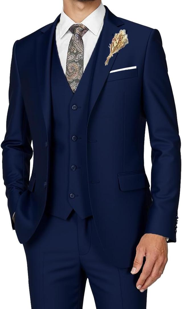 Men's Suits 3 Piece Slim Fit Dress Tuxedo for Men Two Button Solid Jacket Vest Pants Set (XX-Large, Navy Blue)