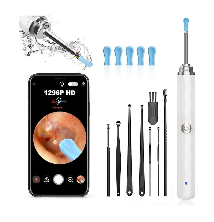 Ear Wax Removal, Ear Cleaner with Camera and Light, Ear Wax Removal Kit with 1296P Otoscope, Ear Cleaning Tool with 6 Ear Spoon, Ear Camera for iPhone & Android Phones,White