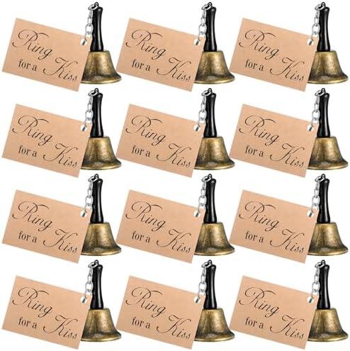 Lounsweer 12 Set Wedding Bells Bulk Ring for a Kiss with Tags Kissing Bells for Wedding Reception Decorations Goodies Bags Party Supplies