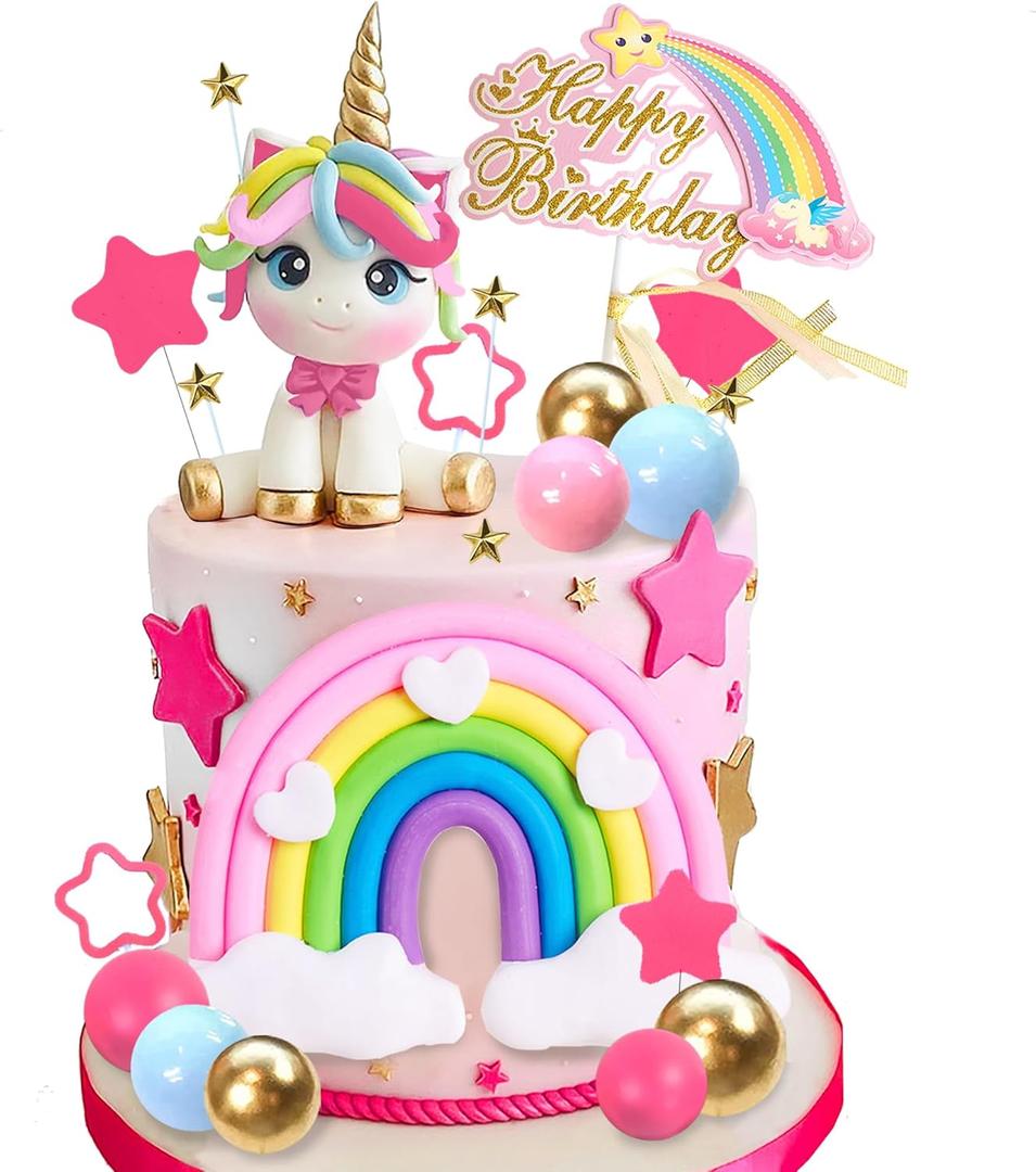 29 PCS Unicorn Cake Topper, Cake Decorations with Rainbow Stars Balls Happy Birthday Cake Decorations for Boys Girls Kids Birthday Party Baby Shower Supplies