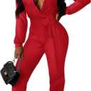 BestGirl Women's Sexy Turn Down Collar Long Sleeve Beam Foot Jumpsuits (Red, XL)