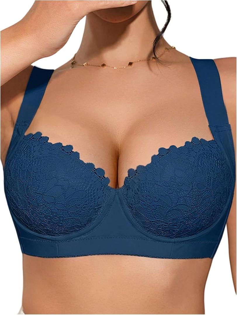 OYOANGLE Women's Push Up Lace Bras Underwire Adjustable with Wide Strap Lingerie Shaping Support Sexy Bras (Blue, 40B)