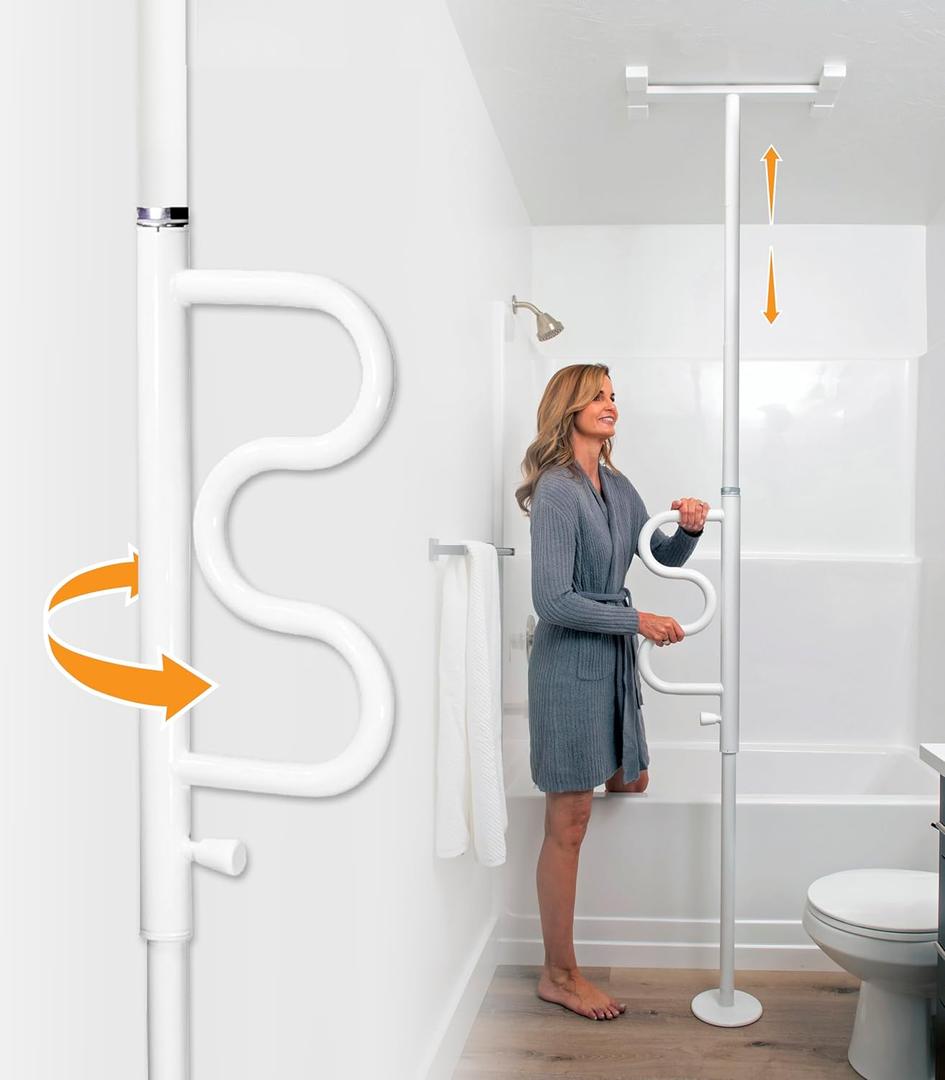Stander Wonder Pole Plus with Rotating Double Grab Bar, Tension Mounted Security Pole for Seniors & Elderly Adults, No-Drill Floor to Ceiling Transfer Pole for Home & Bath Safety, White