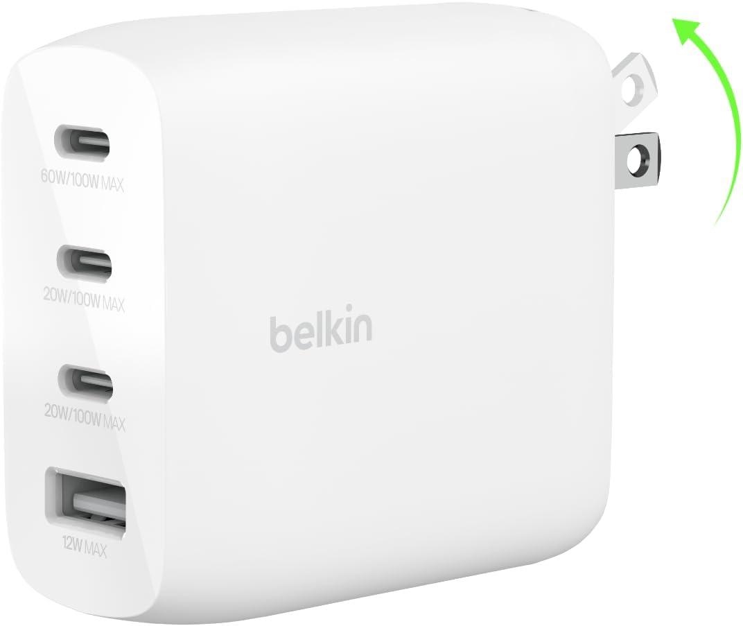 Belkin 112W 4-Port GaN Charger Block, USB-C Power Delivery Super Fast Charging & USB-A Port - MacBook, Samsung Galaxy S25, Apple iPhone 17, Air, iPad, Google Pixel, Nintendo Switch 2, etc. - White