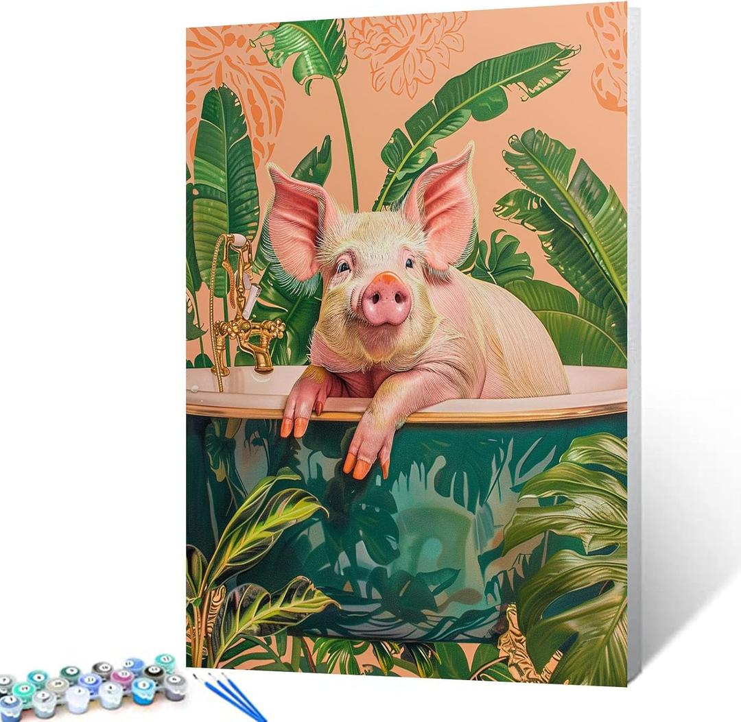 Aihonmin Leisurely Pig Paint by Numbers for Adults, Green DIY Acrylic Watercolor Painting by Numbers for Kids Abstract Colorful Painting Arts Craft On Canvas Home Wall Decor (DIY Frame) 16x20 inch