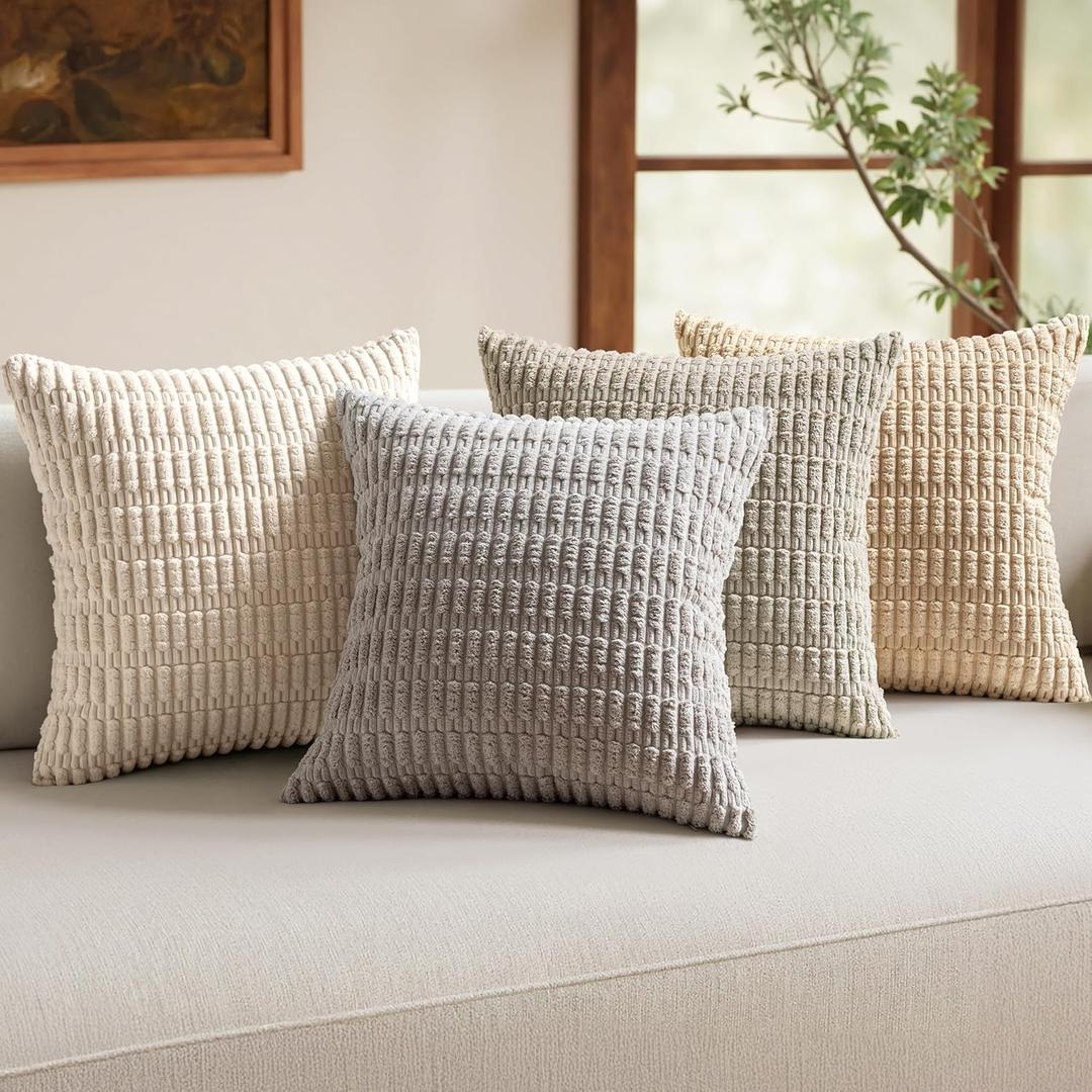 MIULEE Pack of 4 Neutral Corduroy Decorative Throw Pillow Covers 18x18 Inch for Summer Sofa Living Room Couch Bed Rustic Farmhouse Boho Soft Striped Pillow Covers Home Decor Beige and Brown