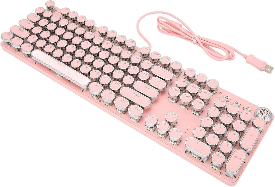 Mechanical Keyboard, 104 Keys Wired Retro Typewriter Round Punk Keycap Gaming Keyboard with Adjustable RGB Backlit Multi Mode for Typist E-Sports() (Pink)