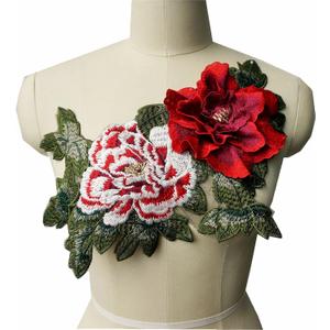Large Embroidered 3D Peony Flowers Leaves Sew Patches Trimmings Applique Wedding Gown Dress Bridal Evening Cheongsam Dress DIY Decoration Craft (red)