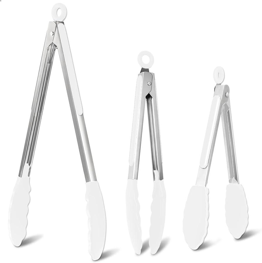 White Silicone Steel Tongs 3-Count (3 Sizes)