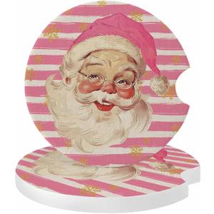 Christmas 2 Pack Car Coasters for Cup Holders Christmas Santa Claus White Pink Strips Absorbent Ceramic Stone for Auto Drinks Coasters Removal Car Cup Holder Coaster with A Finger Notch (Set of 2)