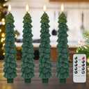 Christmas Tree Candles with Remote Timer, 4 Pcs Waxy Flameless Taper Candles Flickering, Battery Operated LED Candlesticks with 3D Flame Wick, Green Window Candle for Christmas Decorations