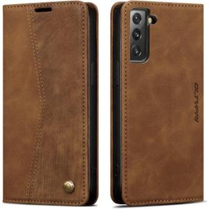 QLTYPRI Wallet Case for Samsung Galaxy S21 5G, Vintage Folio PU Leather Purse Case with Card Slots Magnetic Closure Kickstand Flip Crashproof Phone Cover for Samsumg Galaxy S21 -Brown