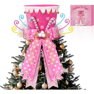 Candy Cane Christmas Tree Topper,Candy Cane Christmas Decorations,Velvet Pink Hat with Peppermint Bows Ribbon Ornaments,Top Hat Christmas Tree Topper for Holiday Xmas Decorations (Pink)