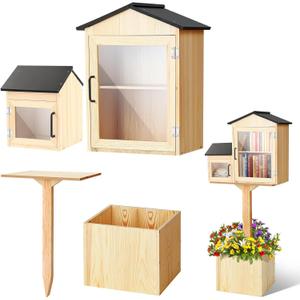 Wonderjune Outdoor Library Box Kit with Planter Base, Wooden Book Exchange Box with Small Side, 35.4 in Stake, Transparent Doors, DIY Paintable Book Sharing for Yard Garden School Community, 18.9" x 15.7" x 11"